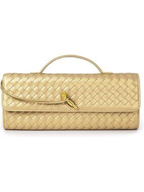 Women Champagne Gold Woven Leather Clutch Vegan Purse Formal Crossbody Handbags